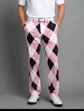 Loudmouth Golf Pants Men's Pink Black Argyle size 32/30.
